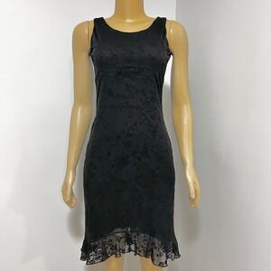 Up Front Black Floral Glitter Sheer Ruffle Hem‎ Sheath Dress Size XS